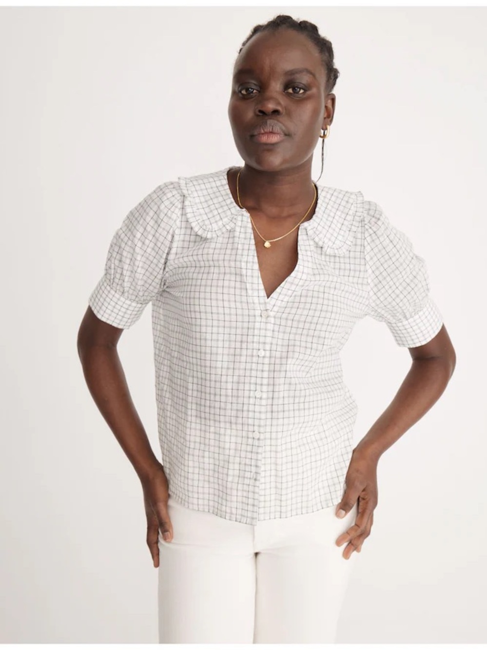 Madewell White Blouse with Black Grid and Peter Pan Collar